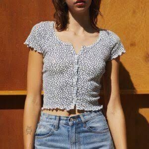 Brandy Melville Navy Blue and White Floral Top Button Down One Size
